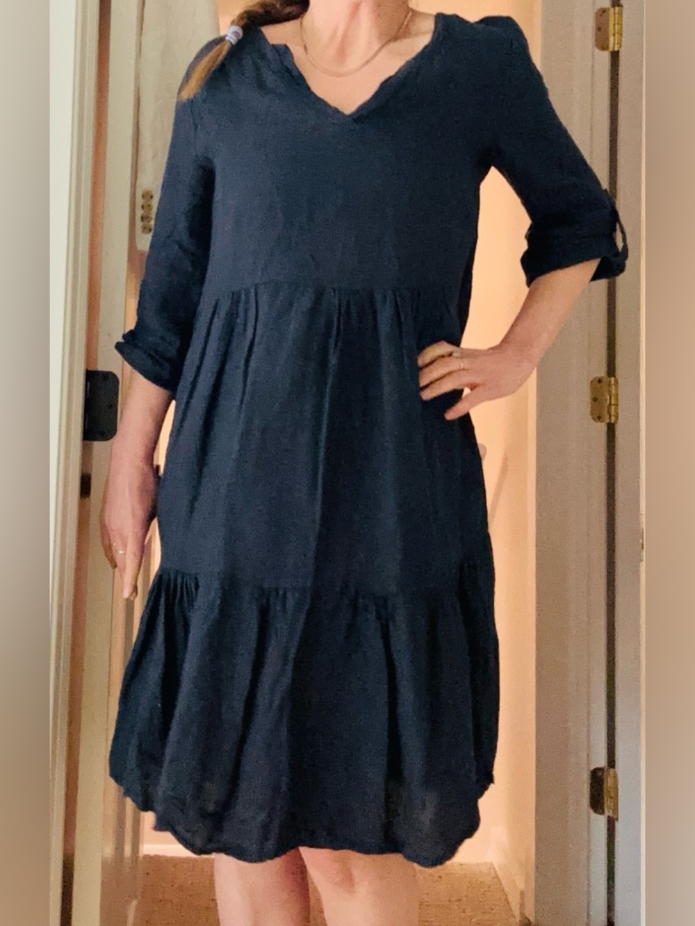 Classic Navy Linen 3/4-Sleeve Dress